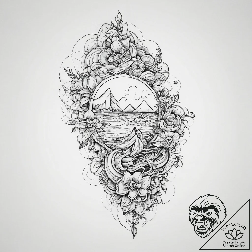Tattoo sketch ocean, tattoo line art, on a cl... - tattoo sketch (№1756453892_0, 29.08.2025 07:51) — tattoovalue.net