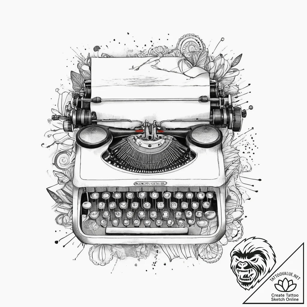 Tattoo sketch typewriter with paper, ink illu... - tattoo sketch (№1756457053_0, 29.08.2025 08:44) — tattoovalue.net