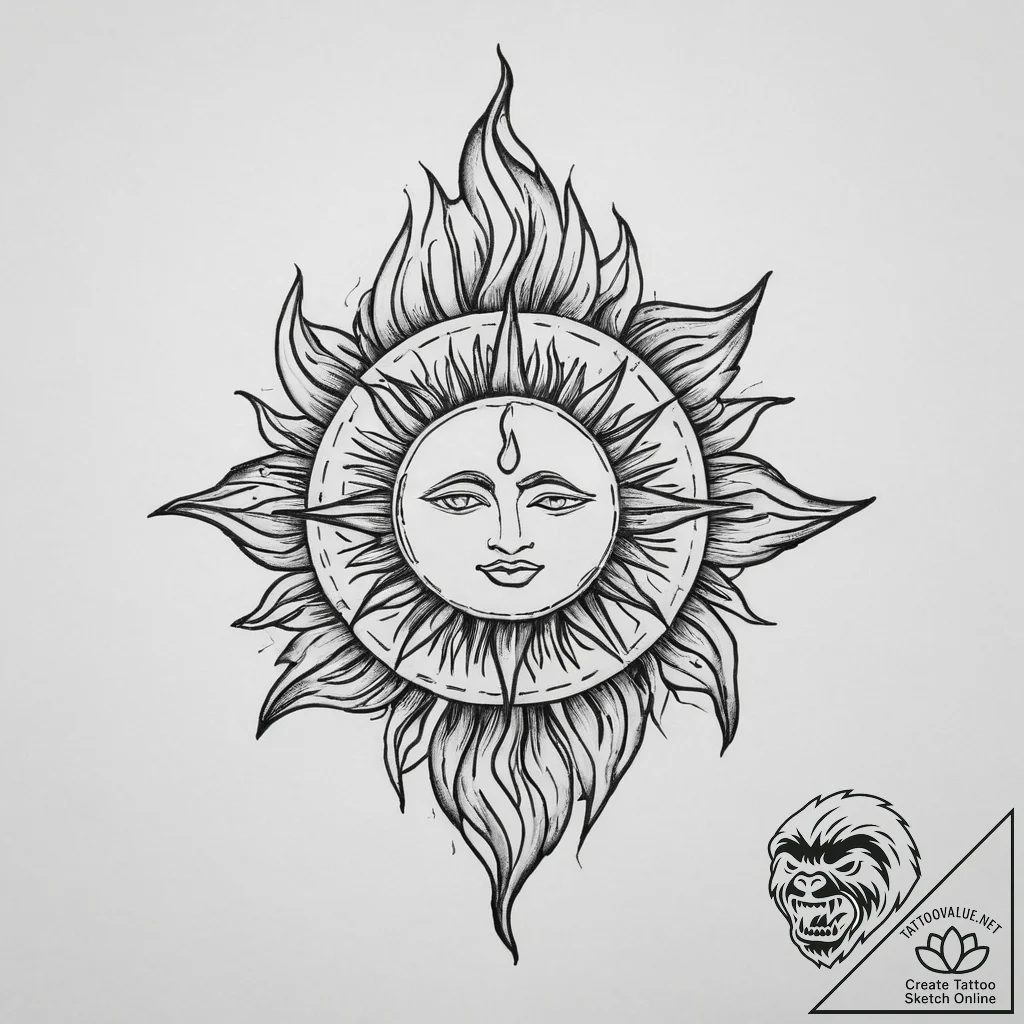 Tattoo sketch flame with a sun - tattoo sketch (№1756458436_0, 29.08.2025 09:07) — tattoovalue.net