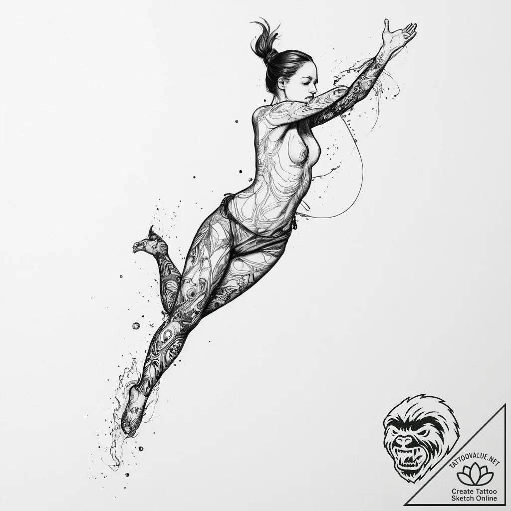 Tattoo sketch free diving a person in the wat... - tattoo sketch (№1756460017_0, 29.08.2025 09:33) — tattoovalue.net