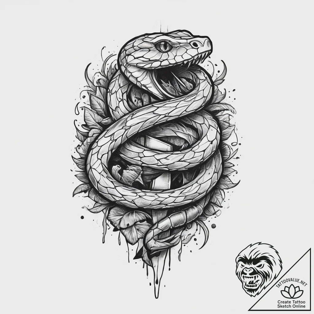 Tattoo sketch snake wrapped around a knife, t... - tattoo sketch (№1756460216_0, 29.08.2025 09:36) — tattoovalue.net