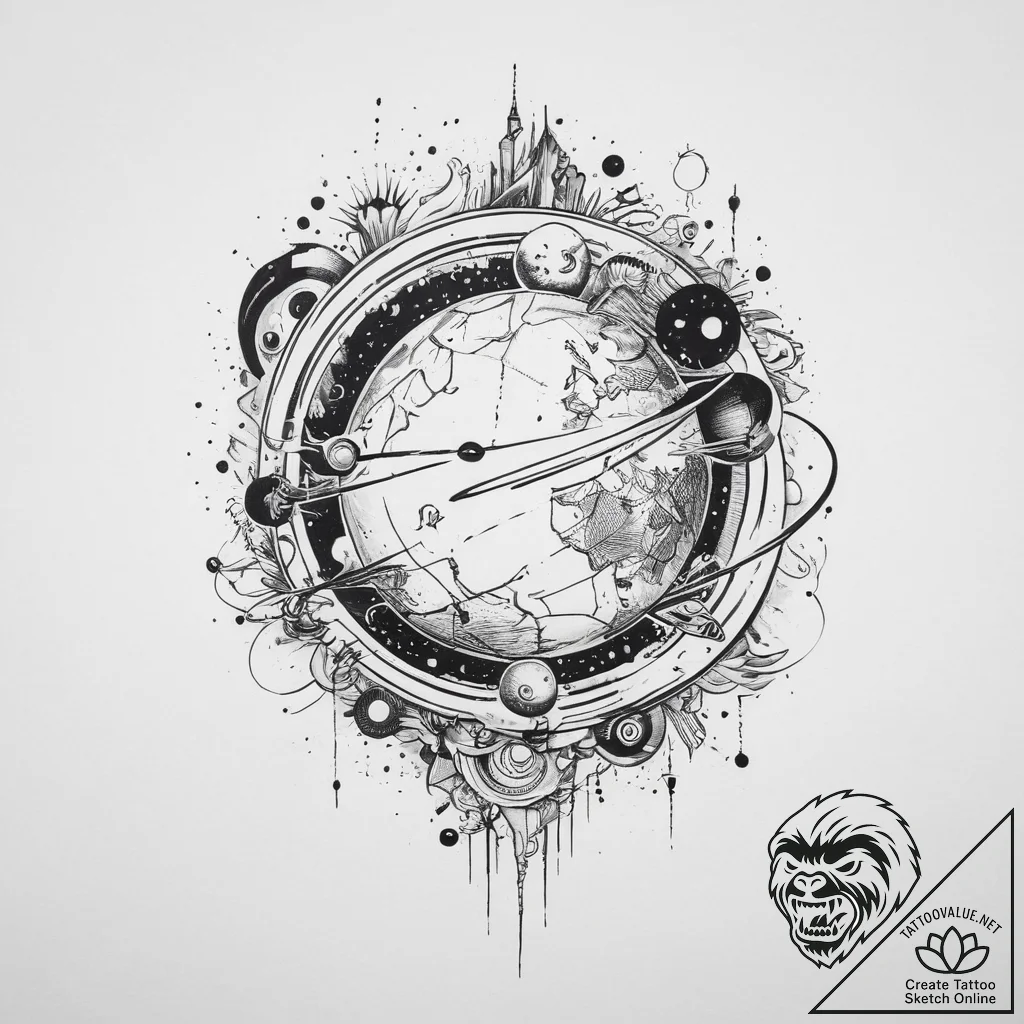 Tattoo sketch cosmic world, tattoo flash shee... - tattoo sketch (№1756461801_0, 29.08.2025 10:03) — tattoovalue.net
