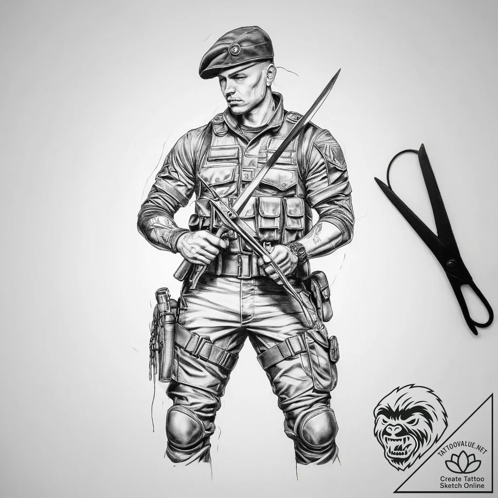 Tattoo sketch soldier with a scissors - tattoo sketch (№1756468538_0, 29.08.2025 11:55) — tattoovalue.net