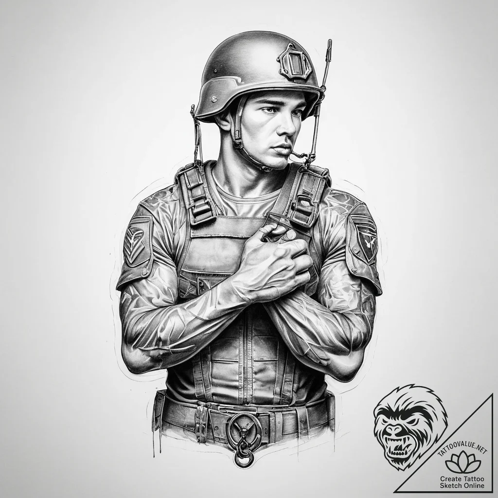 Tattoo sketch soldier with a lock - tattoo sketch (№1756469128_0, 29.08.2025 12:05) — tattoovalue.net
