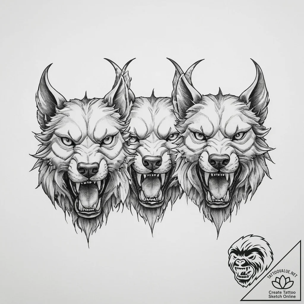 Tattoo sketch cerberus heads - tattoo sketch (№1756470715_0, 29.08.2025 12:31) — tattoovalue.net