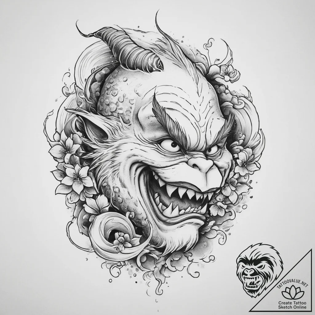 Tattoo sketch the grinch with a mouth, tattoo... - tattoo sketch (№1756474088_0, 29.08.2025 13:28) — tattoovalue.net