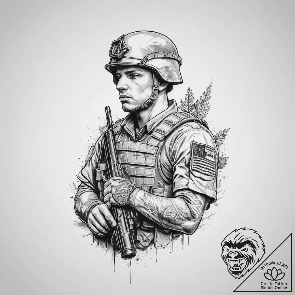 Tattoo sketch soldier with a pen, concept art... - tattoo sketch (№1756476484_0, 29.08.2025 14:08) — tattoovalue.net