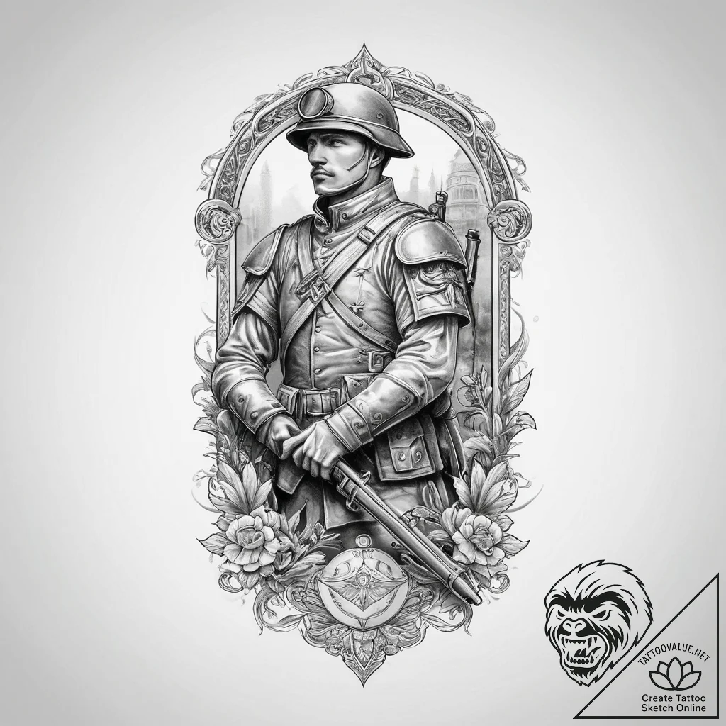 Tattoo sketch soldier with a scroll, tattoo s... - tattoo sketch (№1756479662_0, 29.08.2025 15:01) — tattoovalue.net
