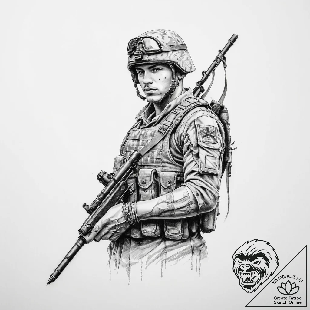 Tattoo sketch soldier with a pen - tattoo sketch (№1756483040_0, 29.08.2025 15:57) — tattoovalue.net
