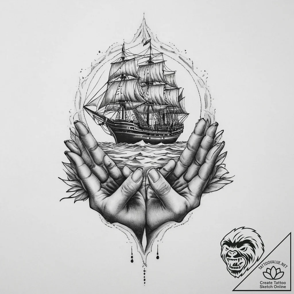 Tattoo sketch hands with a ship, tattoo flash... - tattoo sketch (№1756483436_0, 29.08.2025 16:03) — tattoovalue.net