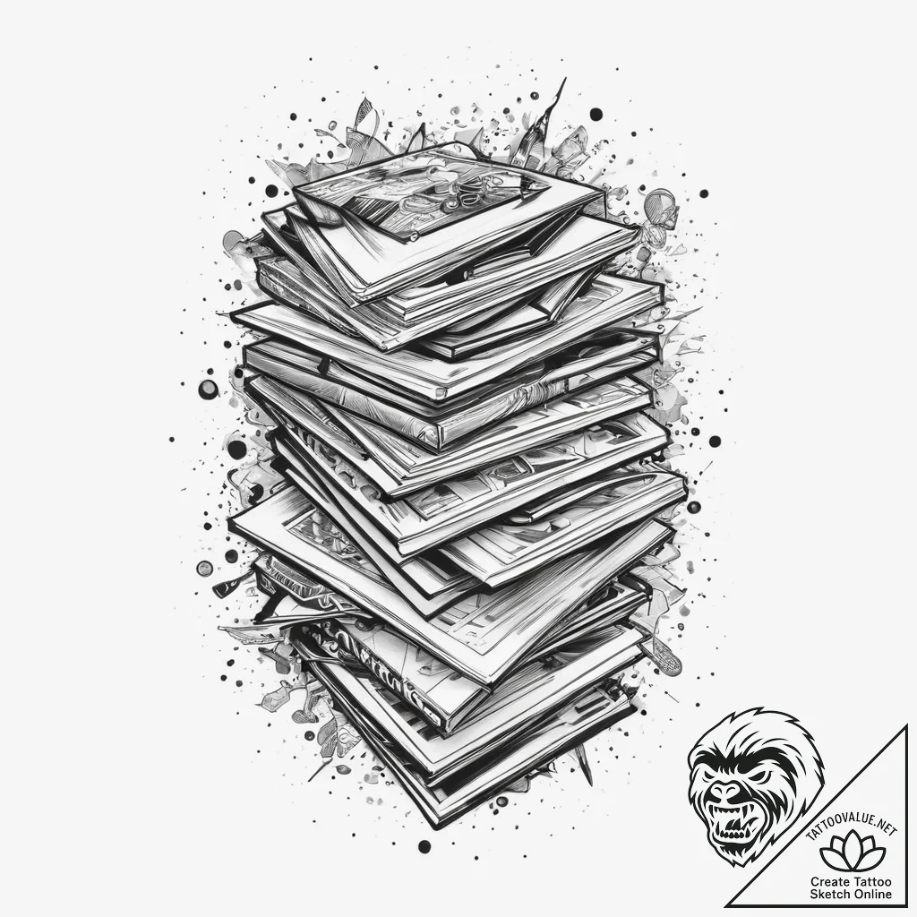 Tattoo sketch nerd a stack of comic books, in... - tattoo sketch (№1756484624_0, 29.08.2025 16:23) — tattoovalue.net