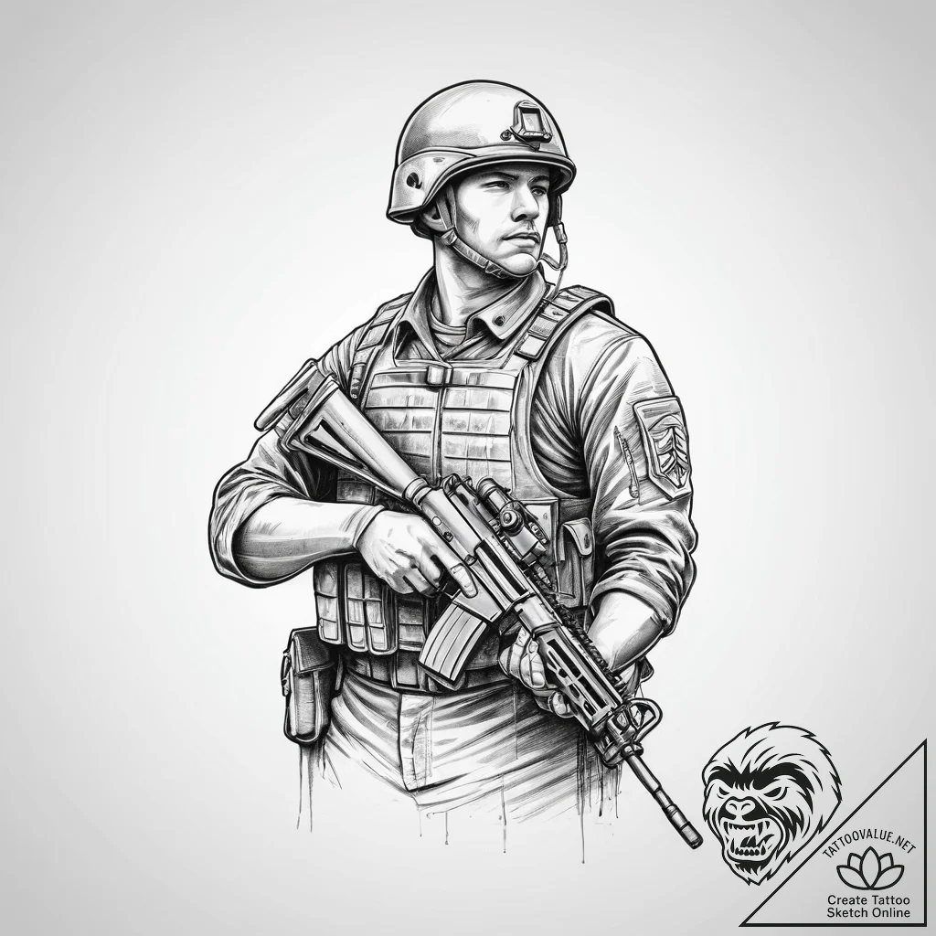 Tattoo sketch soldier with a brush, ink illus... - tattoo sketch (№1756485418_0, 29.08.2025 16:36) — tattoovalue.net