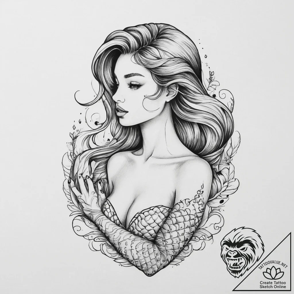 Tattoo sketch mermaid, tattoo line art, clean... - tattoo sketch (№1756488198_0, 29.08.2025 17:23) — tattoovalue.net