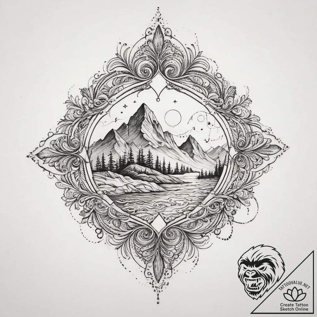 Tattoo sketch fantasy landscape, ink illustra... - tattoo sketch (№1756494028_0, 29.08.2025 19:00) — tattoovalue.net