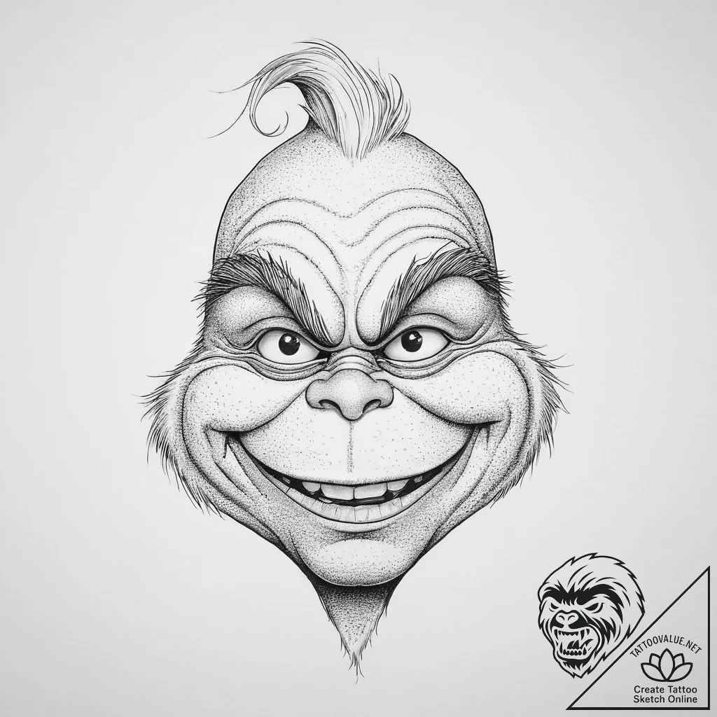 Tattoo sketch the grinch with a happy face, t... - tattoo sketch (№1756494627_0, 29.08.2025 19:10) — tattoovalue.net