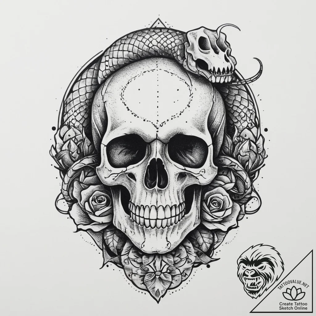 Tattoo sketch череп с змеей, tattoo flash she... - tattoo sketch (№1756497458_0, 29.08.2025 19:57) — tattoovalue.net