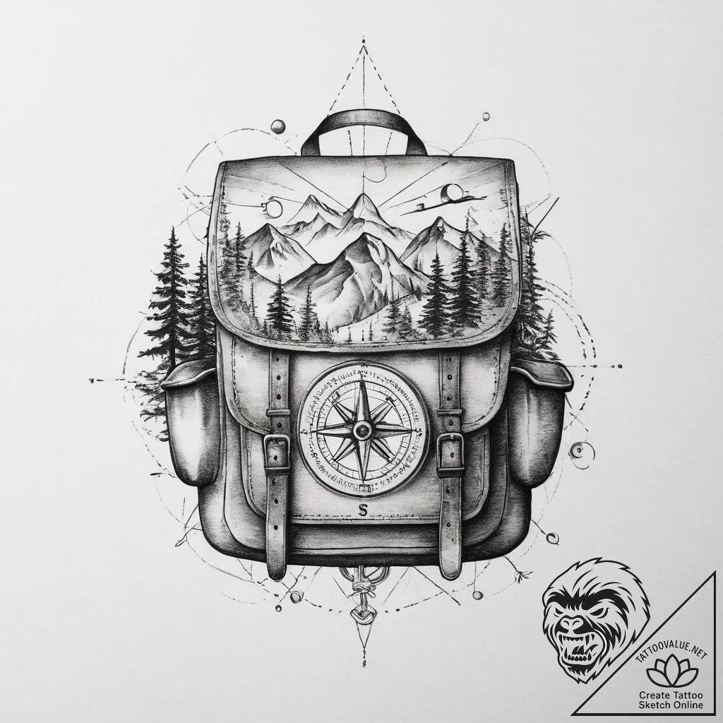 Tattoo sketch hiking a backpack with a compas... - tattoo sketch (№1756498862_0, 29.08.2025 20:21) — tattoovalue.net
