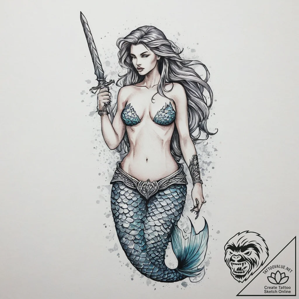 Tattoo sketch mermaid with a sword, tattoo dr... - tattoo sketch (№1756505286_0, 29.08.2025 22:08) — tattoovalue.net
