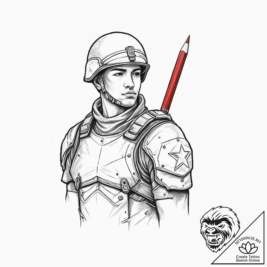 Tattoo sketch soldier with a pencil, ink illu... - tattoo sketch (№1756514537_0, 30.08.2025 00:42) — tattoovalue.net