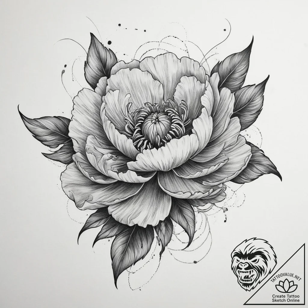 Tattoo sketch peony with flowing lines, tatto... - tattoo sketch (№1756514737_0, 30.08.2025 00:45) — tattoovalue.net