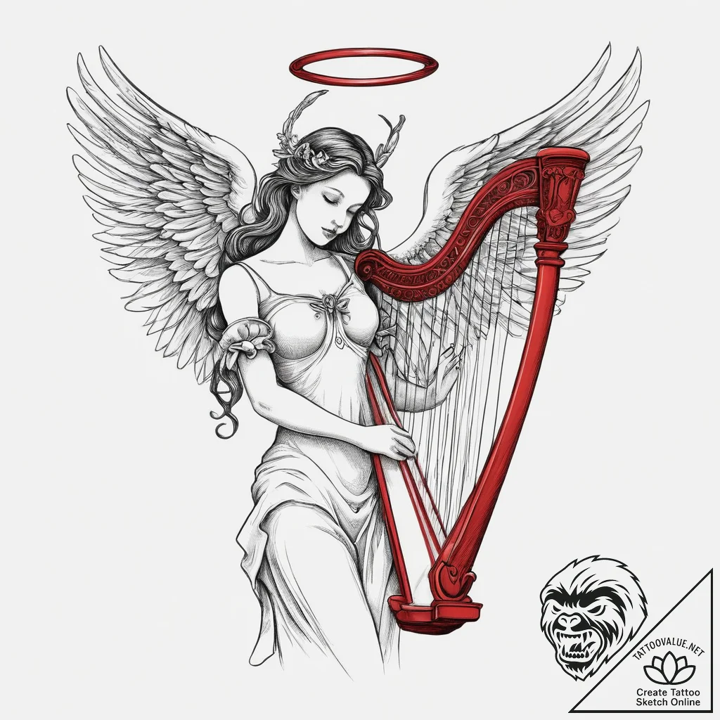 Tattoo sketch angel with a harp, ink illustra... - tattoo sketch (№1756518161_0, 30.08.2025 01:42) — tattoovalue.net