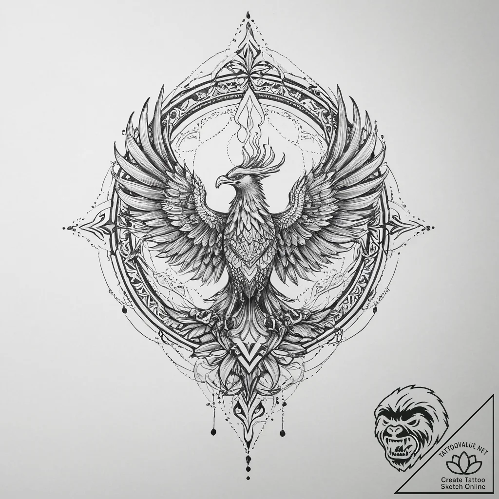 Tattoo sketch phoenix rising from flames, ink... - tattoo sketch (№1756518360_0, 30.08.2025 01:46) — tattoovalue.net