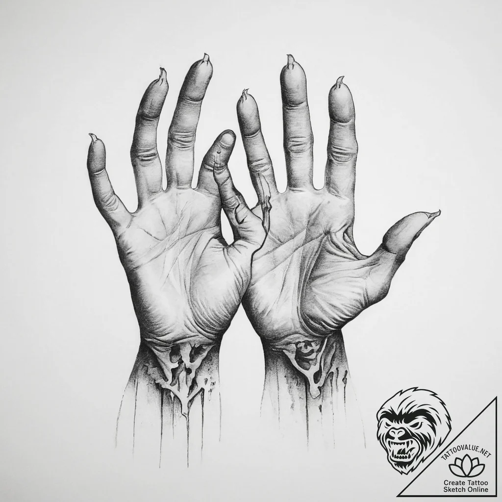 Tattoo sketch hands with a ghoul - tattoo sketch (№1756518758_0, 30.08.2025 01:52) — tattoovalue.net