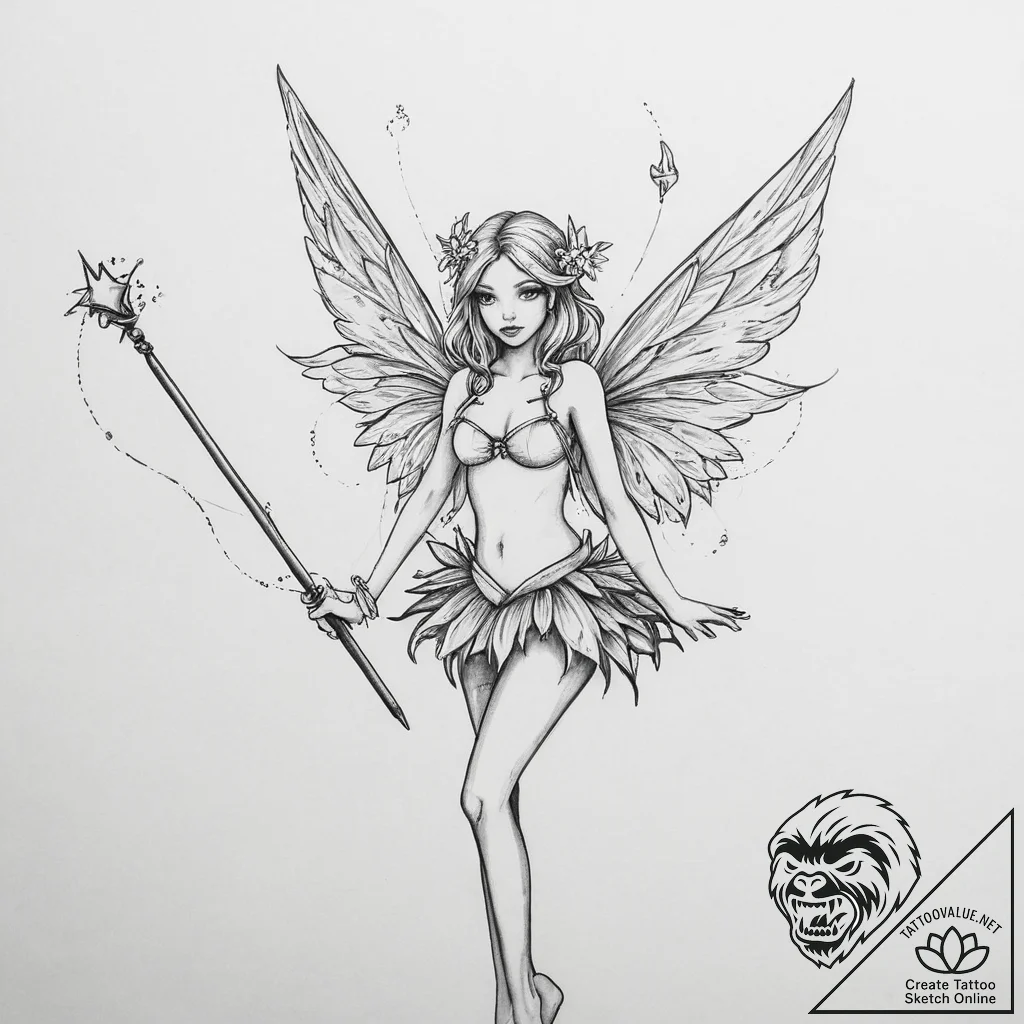 Tattoo sketch fairy with a wand - tattoo sketch (№1756520754_0, 30.08.2025 02:25) — tattoovalue.net