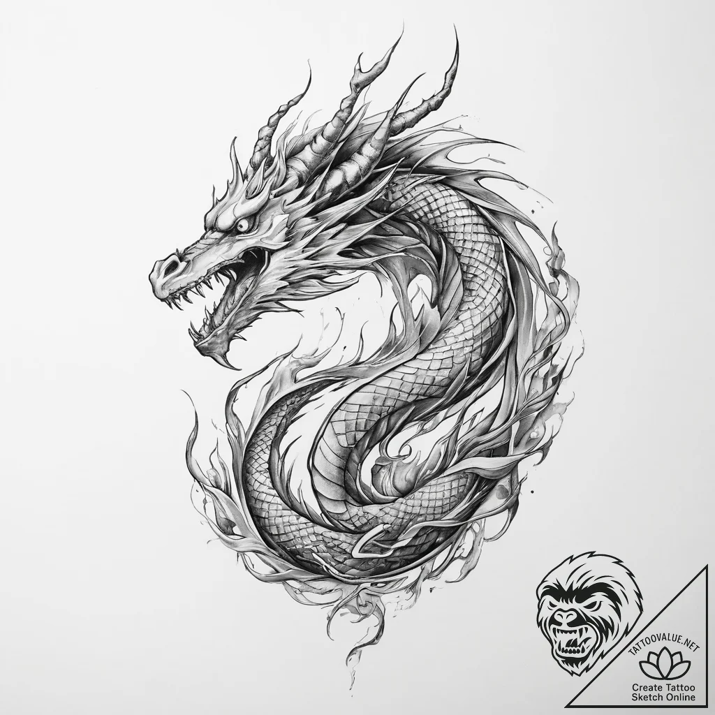 Tattoo sketch fire dragon - tattoo sketch (№1756524531_0, 30.08.2025 03:28) — tattoovalue.net