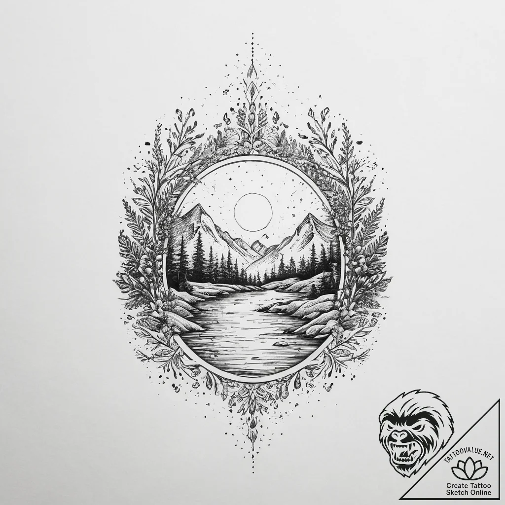Tattoo sketch река, tattoo line art, vibrant... - tattoo sketch (№1756527708_0, 30.08.2025 04:21) — tattoovalue.net