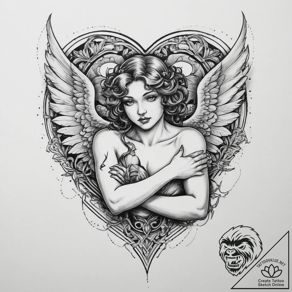 Tattoo sketch cupid with a heart, ink illustr... - tattoo sketch (№1756531267_0, 30.08.2025 05:21) — tattoovalue.net