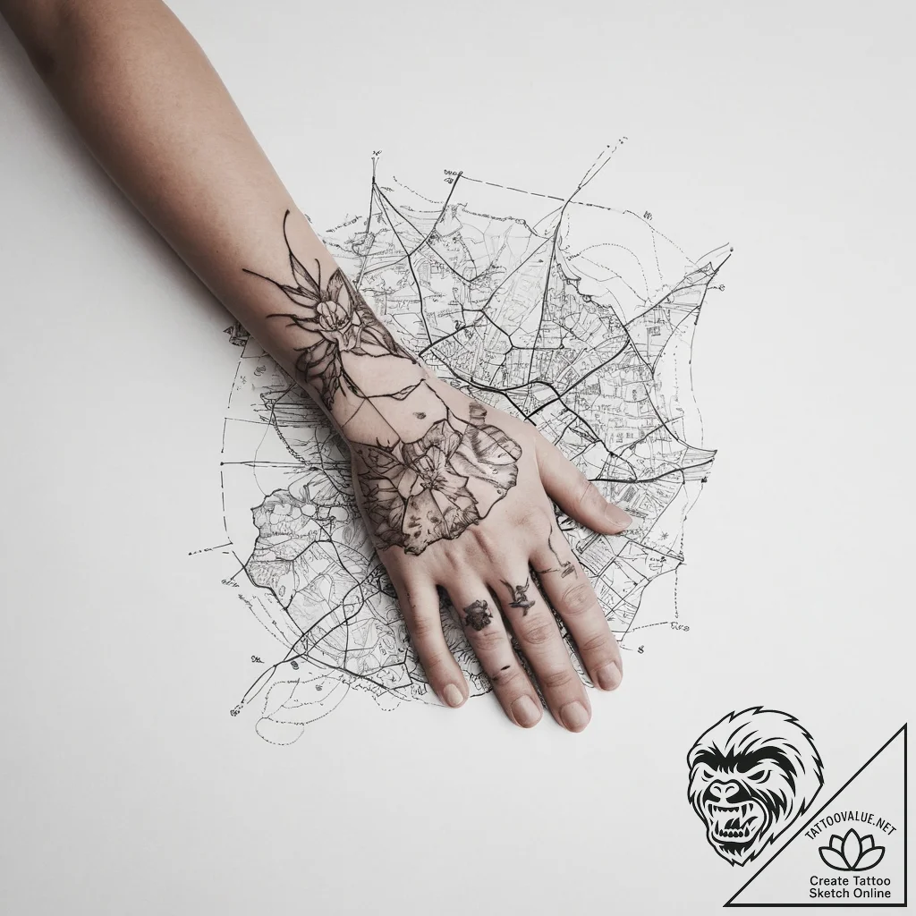 Tattoo sketch hands with a map - tattoo sketch (№1756533822_0, 30.08.2025 06:03) — tattoovalue.net
