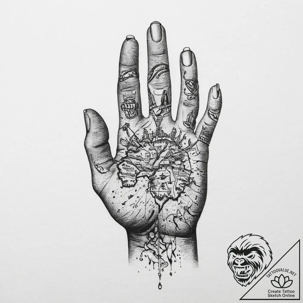 Tattoo sketch hands with a map, tattoo flash... - tattoo sketch (№1756540102_0, 30.08.2025 07:48) — tattoovalue.net