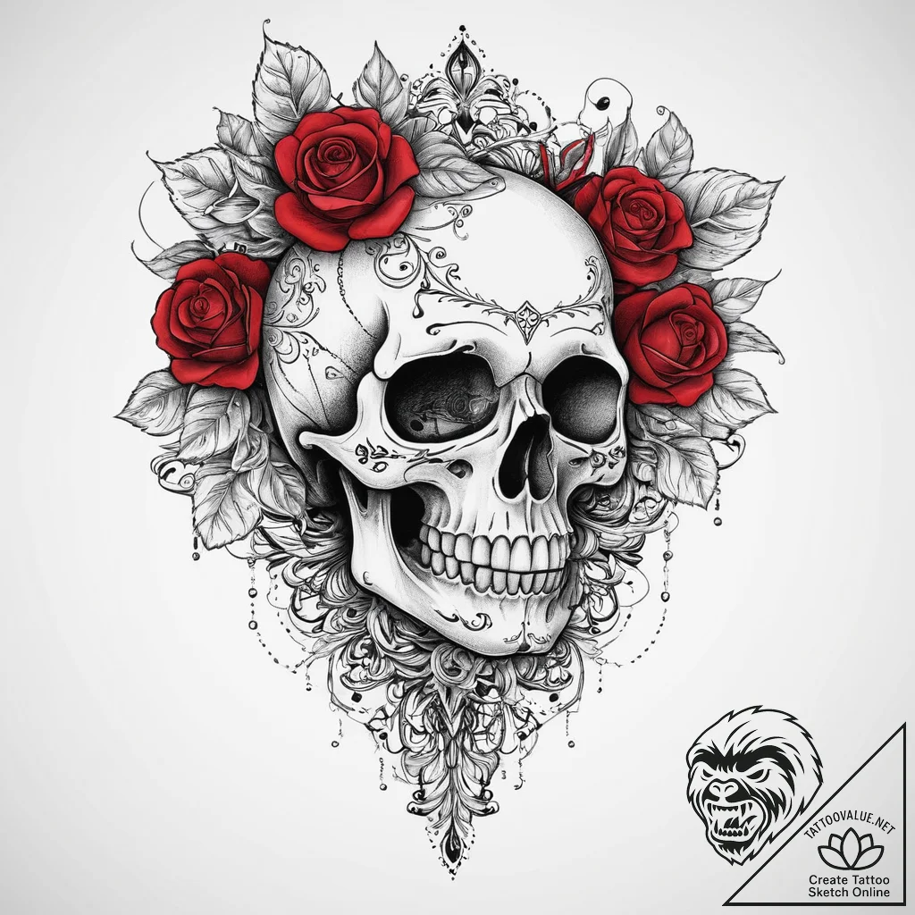 Tattoo sketch череп с розами, concept art for... - tattoo sketch (№1756543443_0, 30.08.2025 08:44) — tattoovalue.net