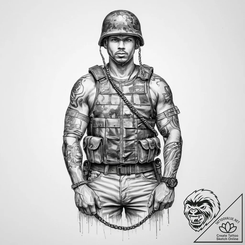 Tattoo sketch soldier with a chain - tattoo sketch (№1756545015_0, 30.08.2025 09:10) — tattoovalue.net