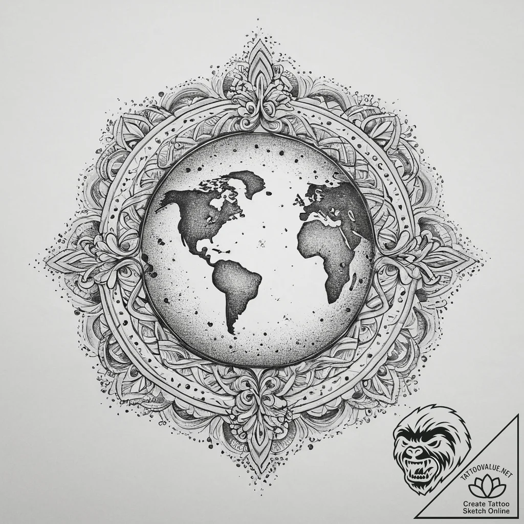 Tattoo sketch узор в виде черепа с землей, ta... - tattoo sketch (№1756549529_0, 30.08.2025 10:25) — tattoovalue.net