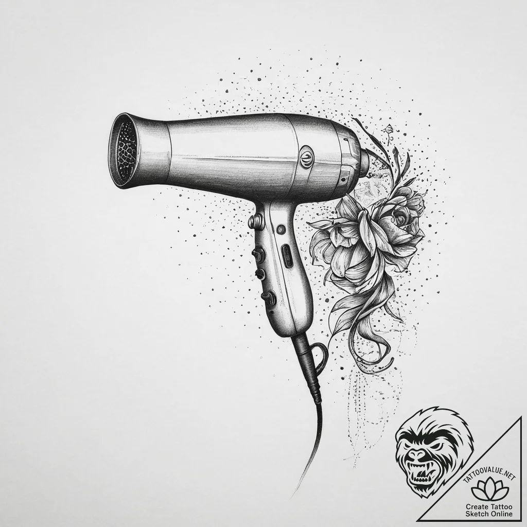 Tattoo sketch stylist a person with a hairdry... - tattoo sketch (№1756551103_0, 30.08.2025 10:51) — tattoovalue.net