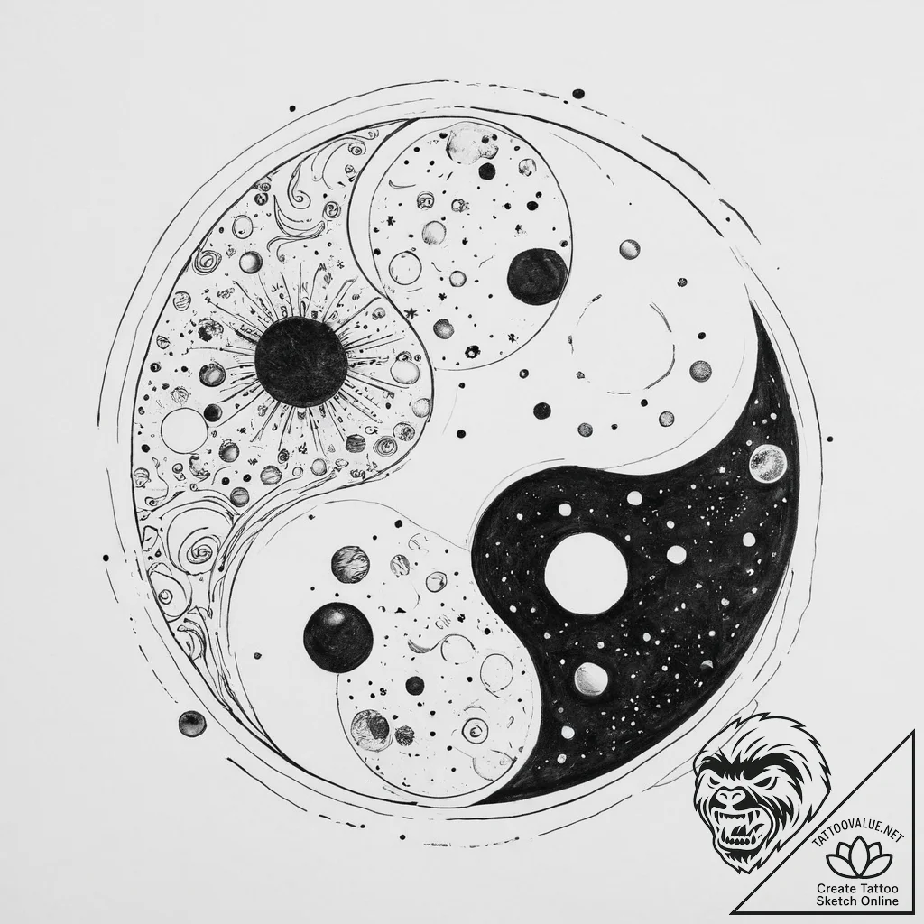 Tattoo sketch yin yang with planets - tattoo sketch (№1756556200_0, 30.08.2025 12:16) — tattoovalue.net