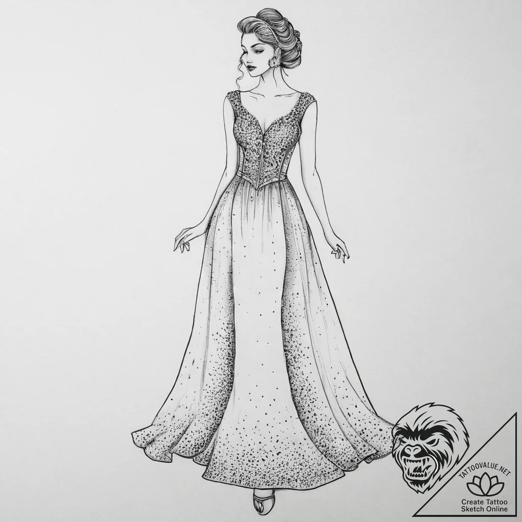 Tattoo sketch evening gown with a galaxy, ink... - tattoo sketch (№1756561818_0, 30.08.2025 13:50) — tattoovalue.net