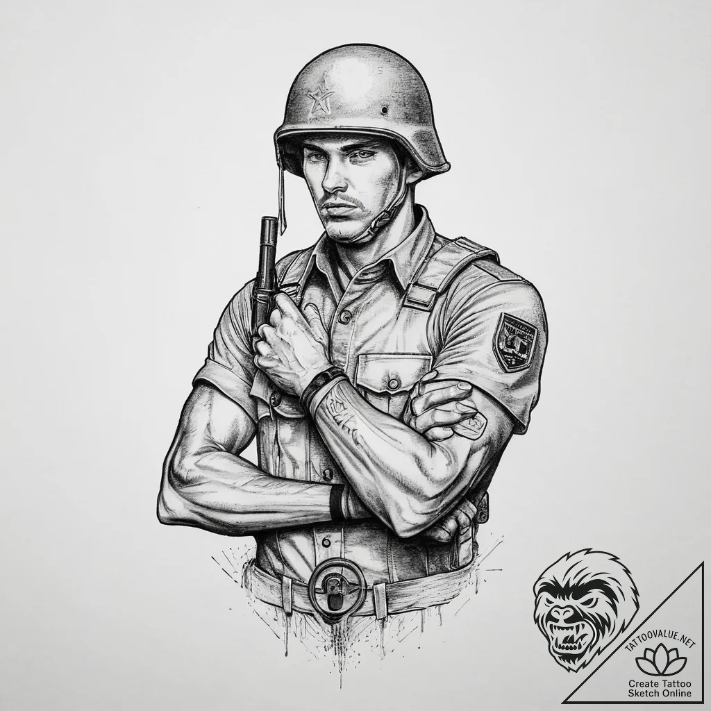 Tattoo sketch soldier with a lock, tattoo lin... - tattoo sketch (№1756567107_0, 30.08.2025 15:18) — tattoovalue.net