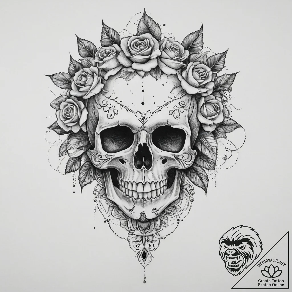Tattoo sketch череп с кружевом и розами, tatt... - tattoo sketch (№1756581579_0, 30.08.2025 19:19) — tattoovalue.net