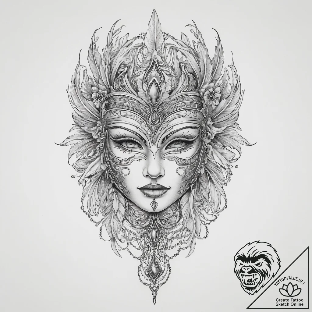Tattoo sketch feathered mask tattoo, artistic... - tattoo sketch (№1756582176_0, 30.08.2025 19:29) — tattoovalue.net