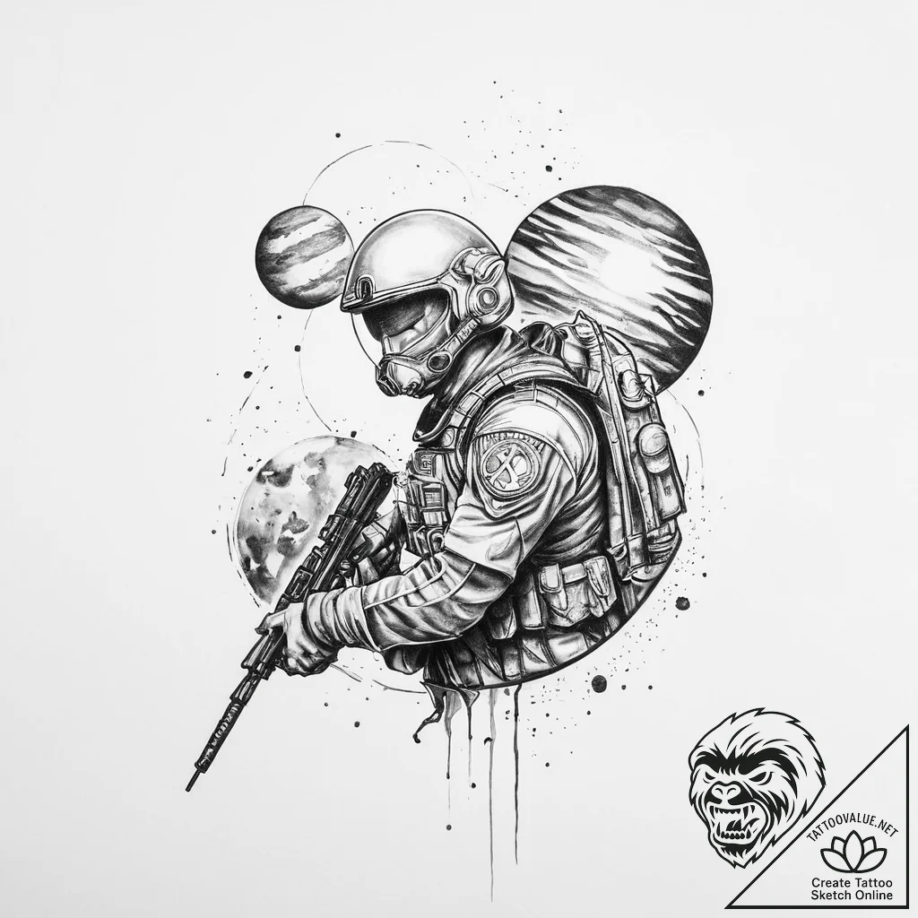 Tattoo sketch soldier with a planet - tattoo sketch (№1756584576_0, 30.08.2025 20:09) — tattoovalue.net