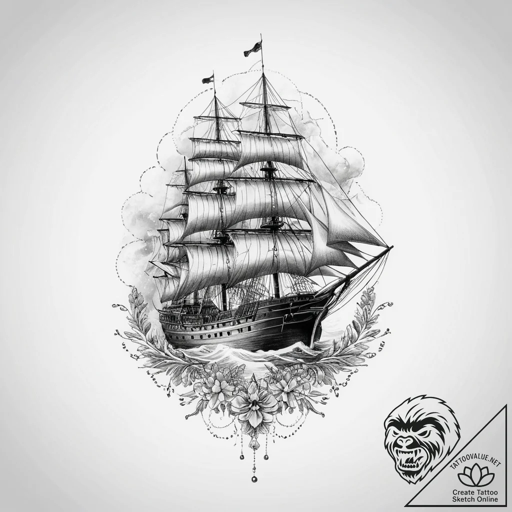Tattoo sketch ship, ink illustration for tatt... - tattoo sketch (№1756584973_0, 30.08.2025 20:16) — tattoovalue.net