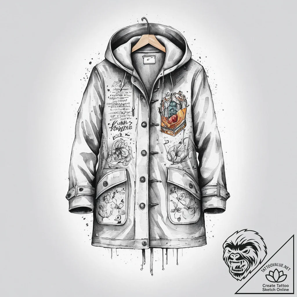 Tattoo sketch duffel coat with a quote, tatto... - tattoo sketch (№1756593565_0, 30.08.2025 22:39) — tattoovalue.net