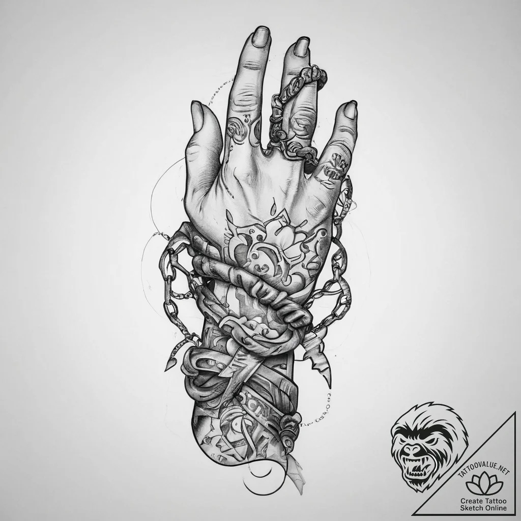 Tattoo sketch hands with a chain, ink illustr... - tattoo sketch (№1756601038_0, 31.08.2025 00:43) — tattoovalue.net