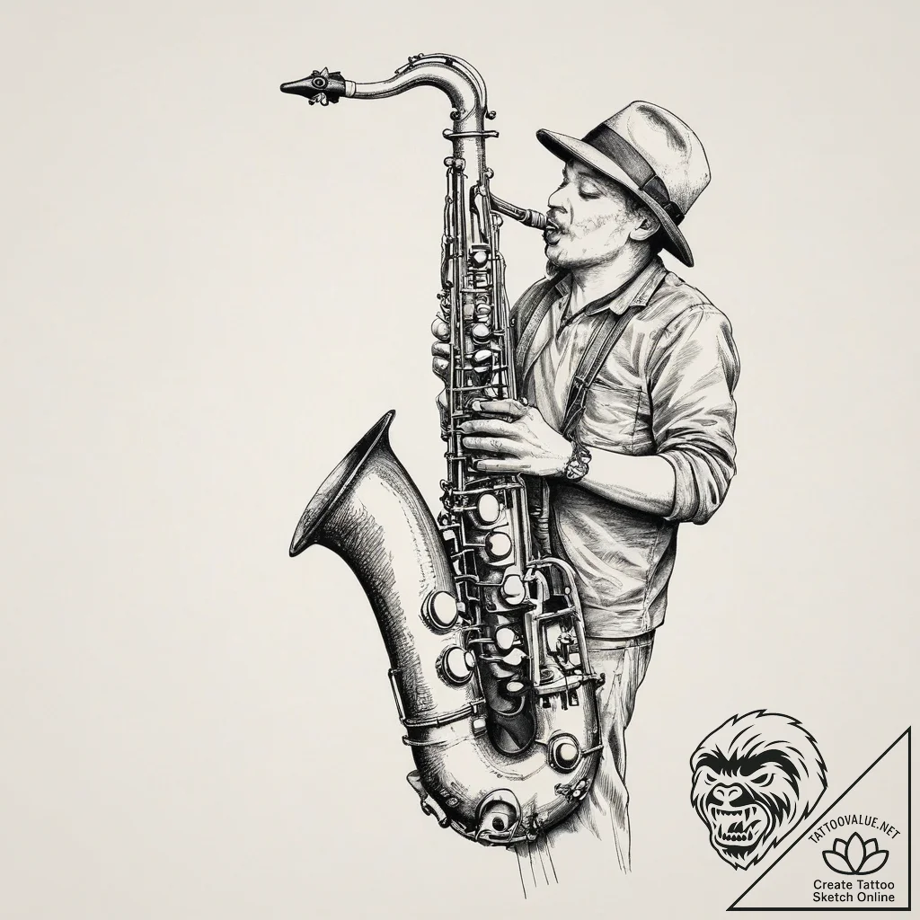 Tattoo sketch playing an instrument saxophone... - tattoo sketch (№1756612756_0, 31.08.2025 03:59) — tattoovalue.net