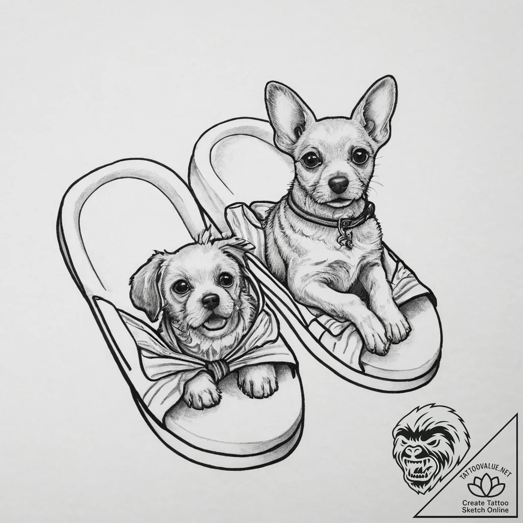 Tattoo sketch slippers with a dog, ink illust... - tattoo sketch (№1756613363_0, 31.08.2025 04:09) — tattoovalue.net