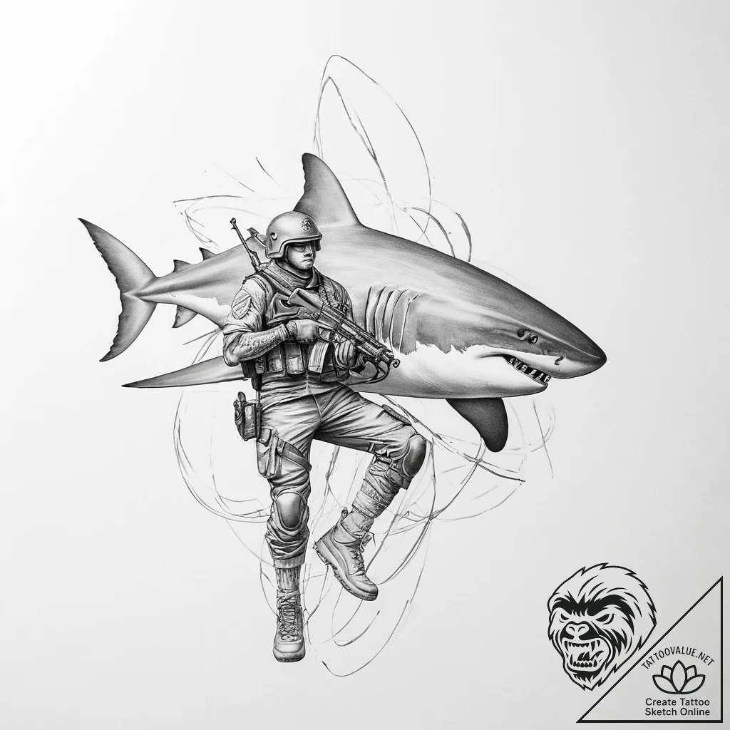 Tattoo sketch soldier with a shark - tattoo sketch (№1756614969_0, 31.08.2025 04:36) — tattoovalue.net