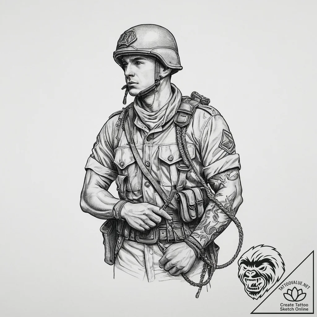 Tattoo sketch soldier with a rope, tattoo lin... - tattoo sketch (№1756627806_0, 31.08.2025 08:10) — tattoovalue.net